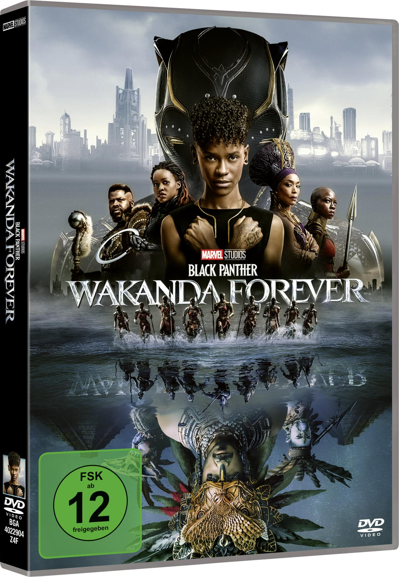 DVD-Cover für Black Panther: Wakanda Forever. Besetzung und Titel prominent. Stadtspiegelung unten.
