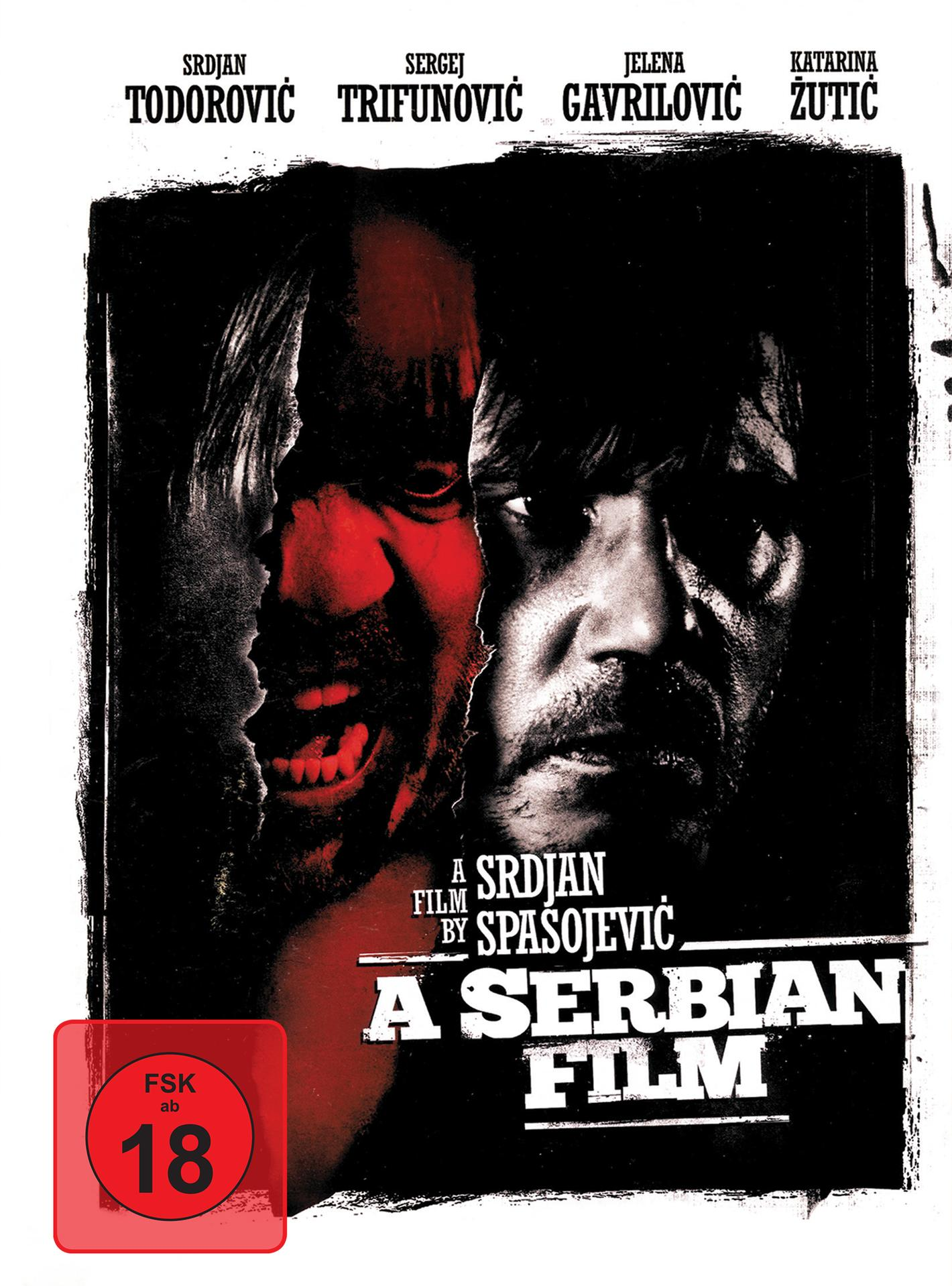 Filmcover: Zwei Gesichter in Rot und Schwarz. Titel: A Serbian Film. Rotes Bewertungssymbol.