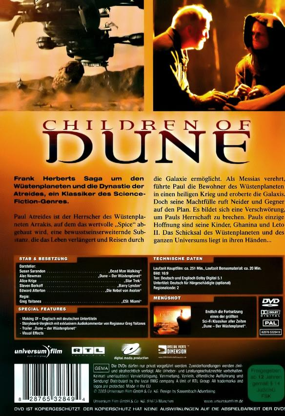 Rückseite der DVD des Films „Children of Dune“ mit Text und Bildern auf dunklem Hintergrund.