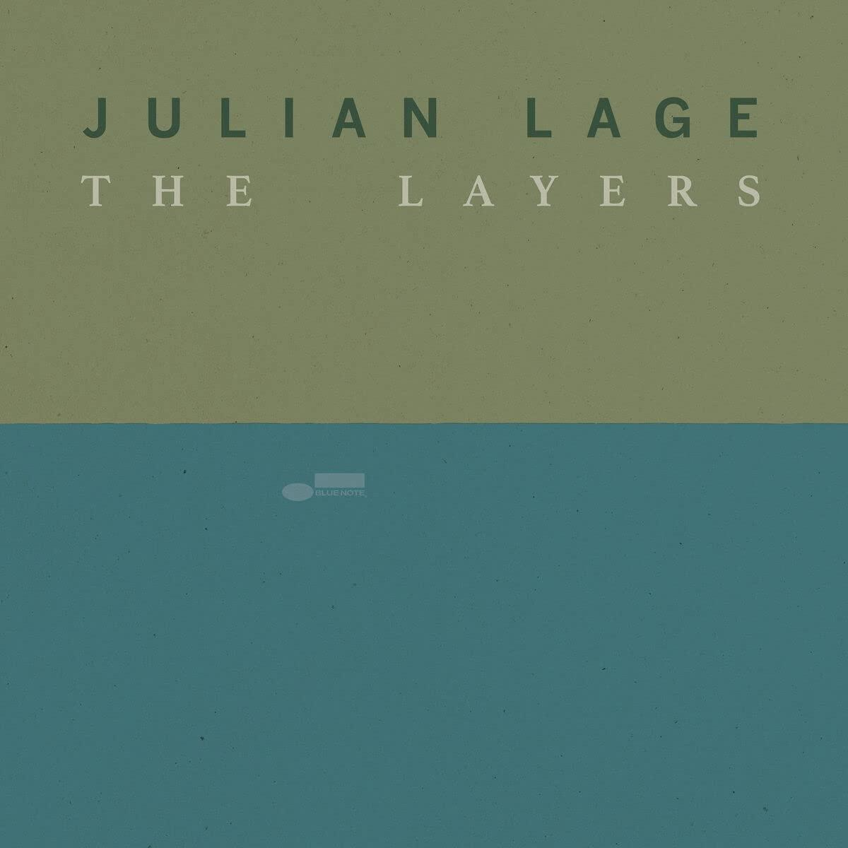 Album borítója, melyen a 'JULIAN LAGE THE LAYERS' felirat látható, olíva és türkizkék kéttónusú háttéren.