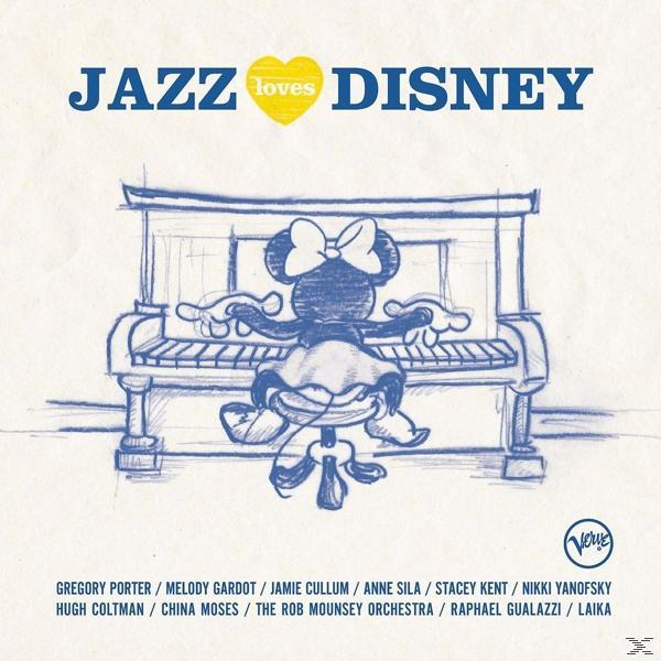 Albumcover mit Minnie Mouse beim Klavierspielen, Jazz liebt Disney Titel und Namen der beteiligten Künstler.
