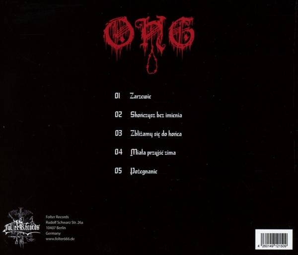Schwarzes CD-Cover mit rotem Logo und weißem Text, Liste der Songtitel auf schwarzem Hintergrund.