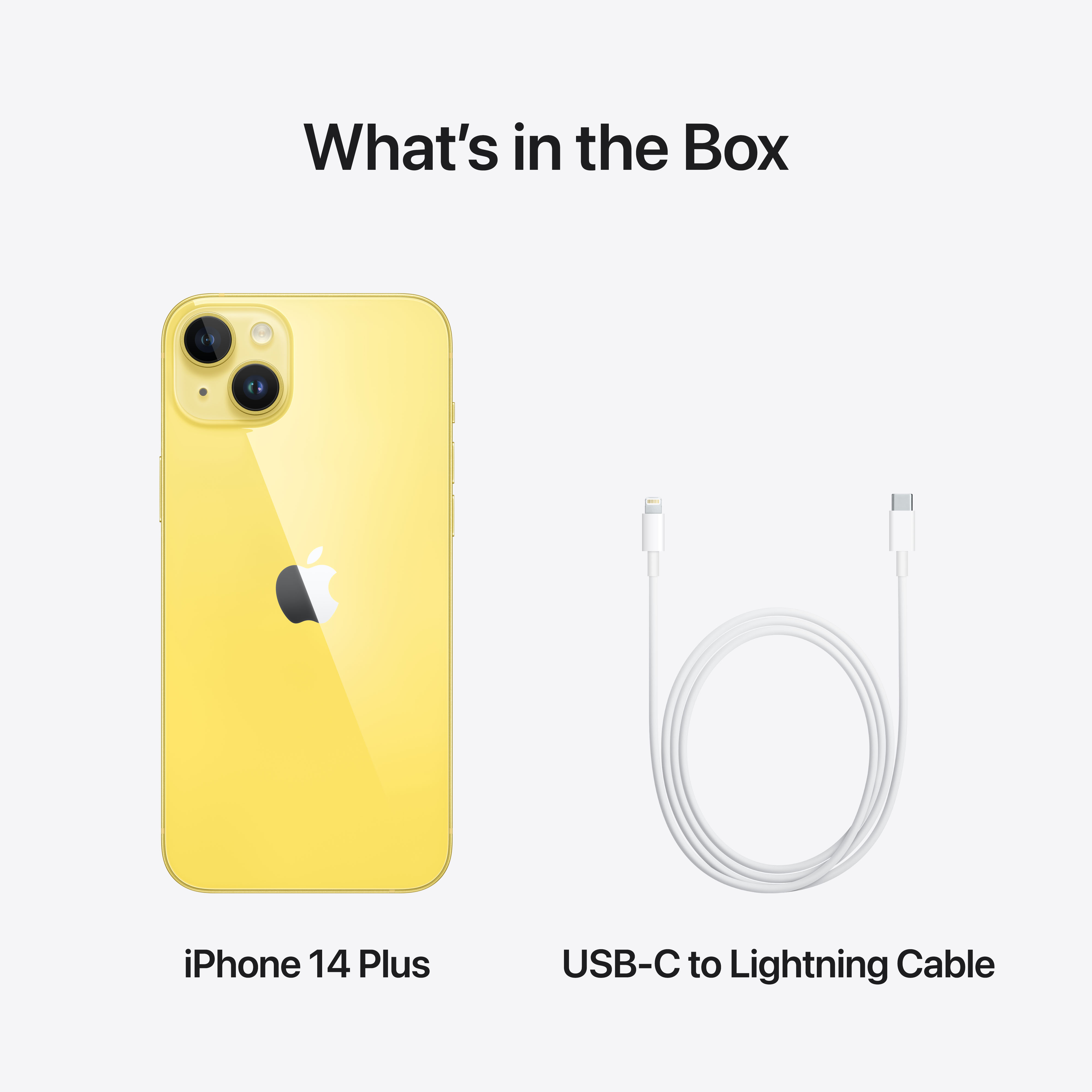 Un iPhone 14 Plus jaune et un câble USB-C vers Lightning sur fond blanc.