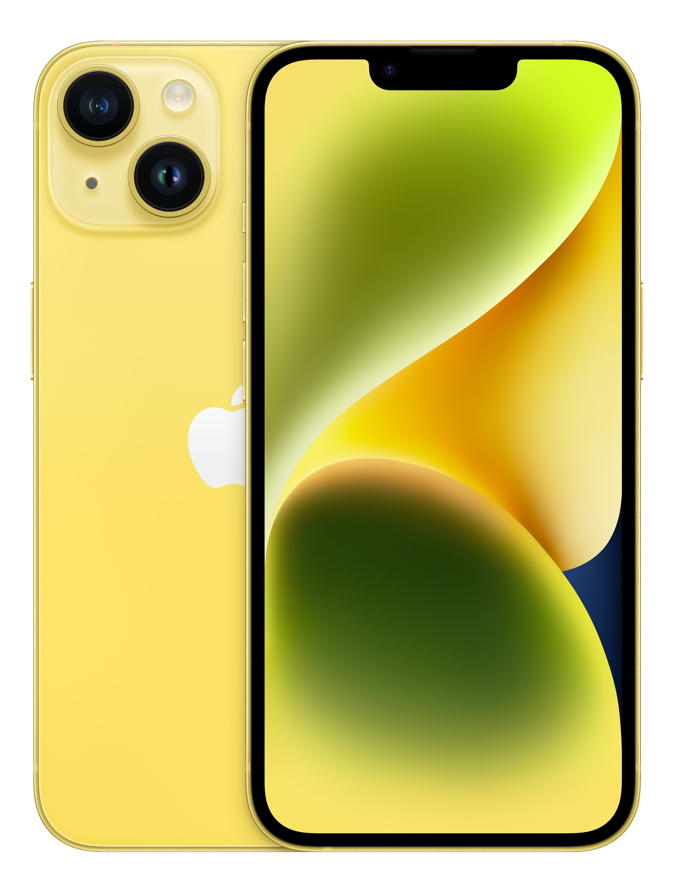 Gelbes iPhone mit drei Kameras auf der Rückseite. Der Bildschirm zeigt einen bunten, abstrakten Hintergrund.