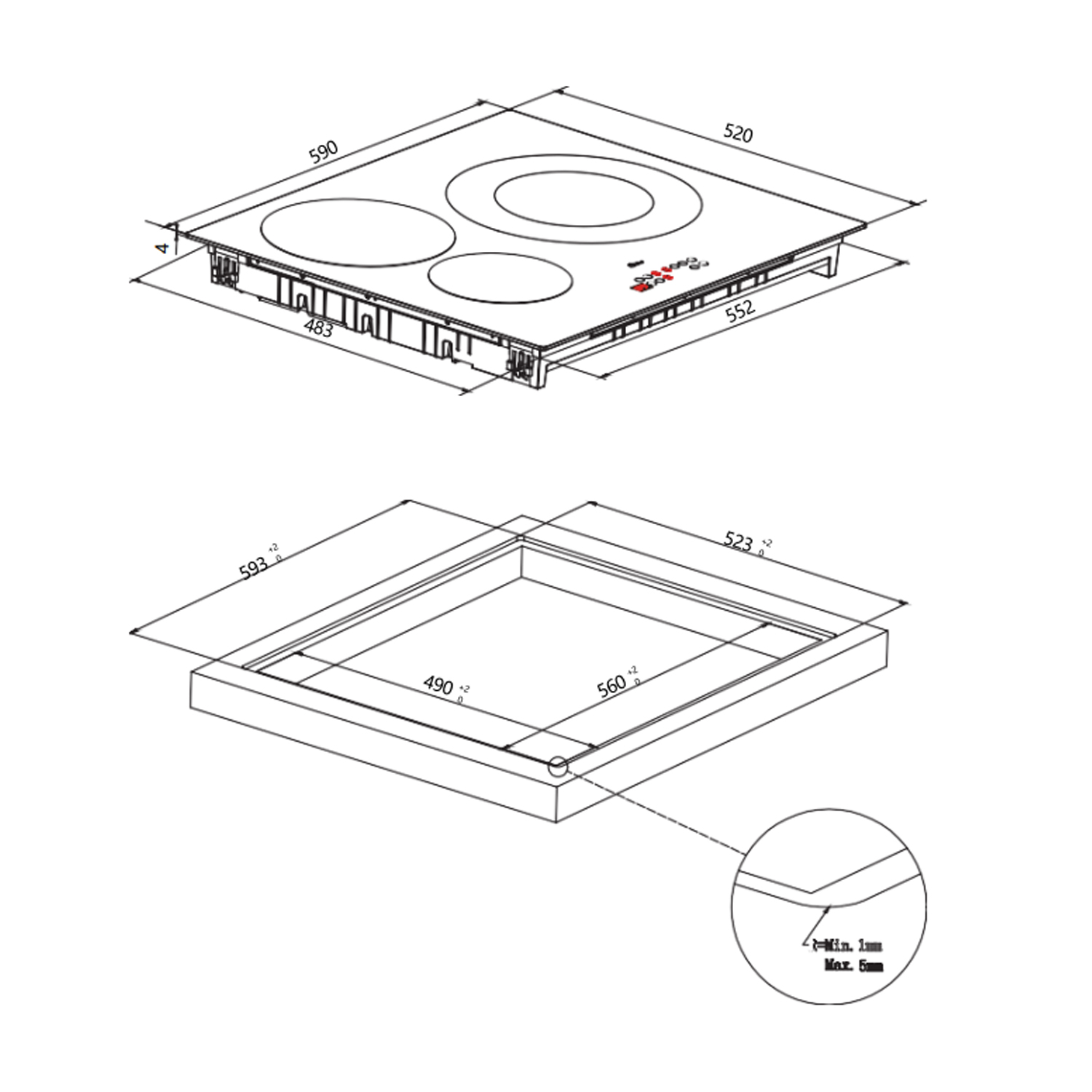 Diagramma tecnico di un piano cottura con dimensioni, cerchi e un inserto dettagliato.