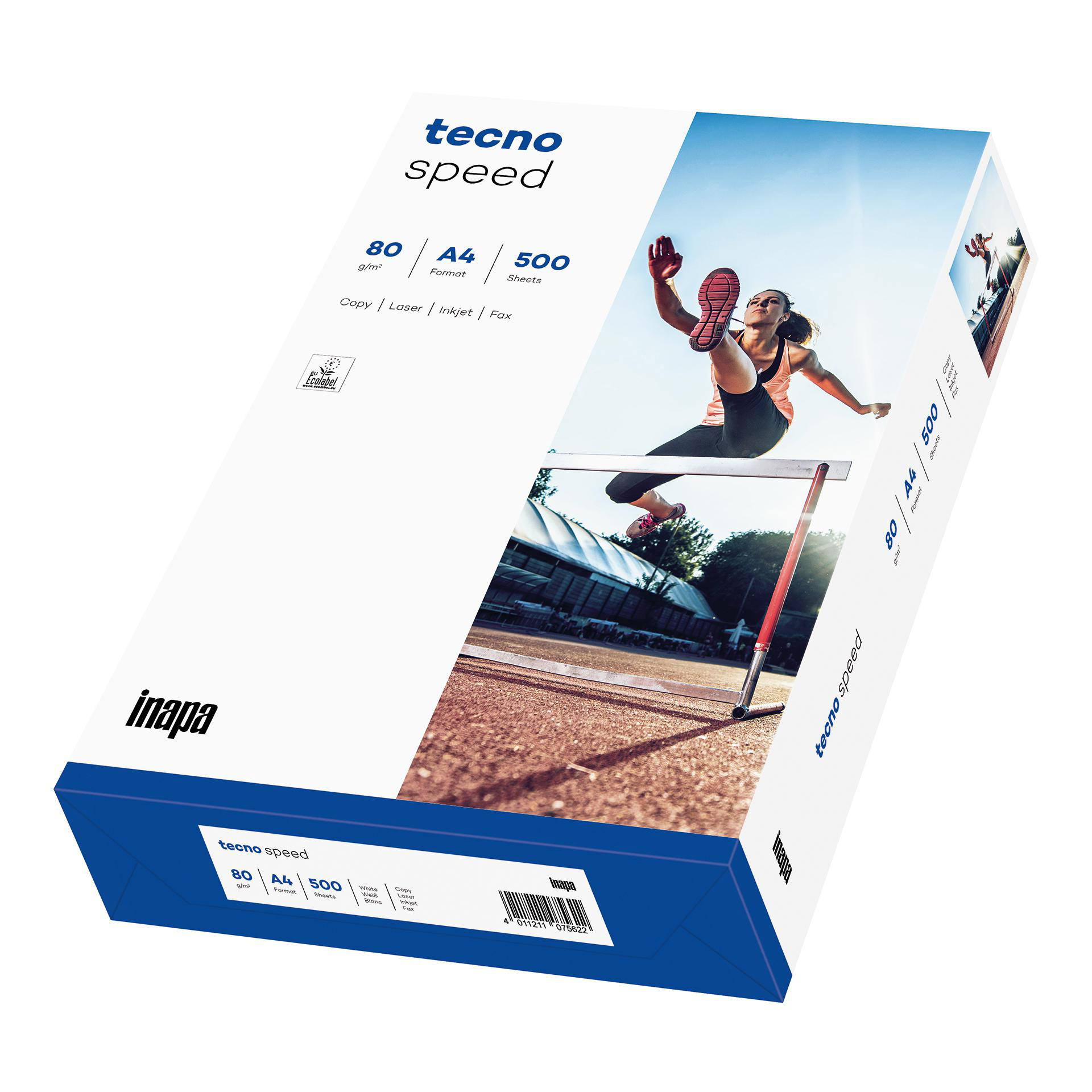 Eine Schachtel Tecno Speed Papier. Eine Frau springt über eine Hürde. Blaue und weiße Box mit Text.