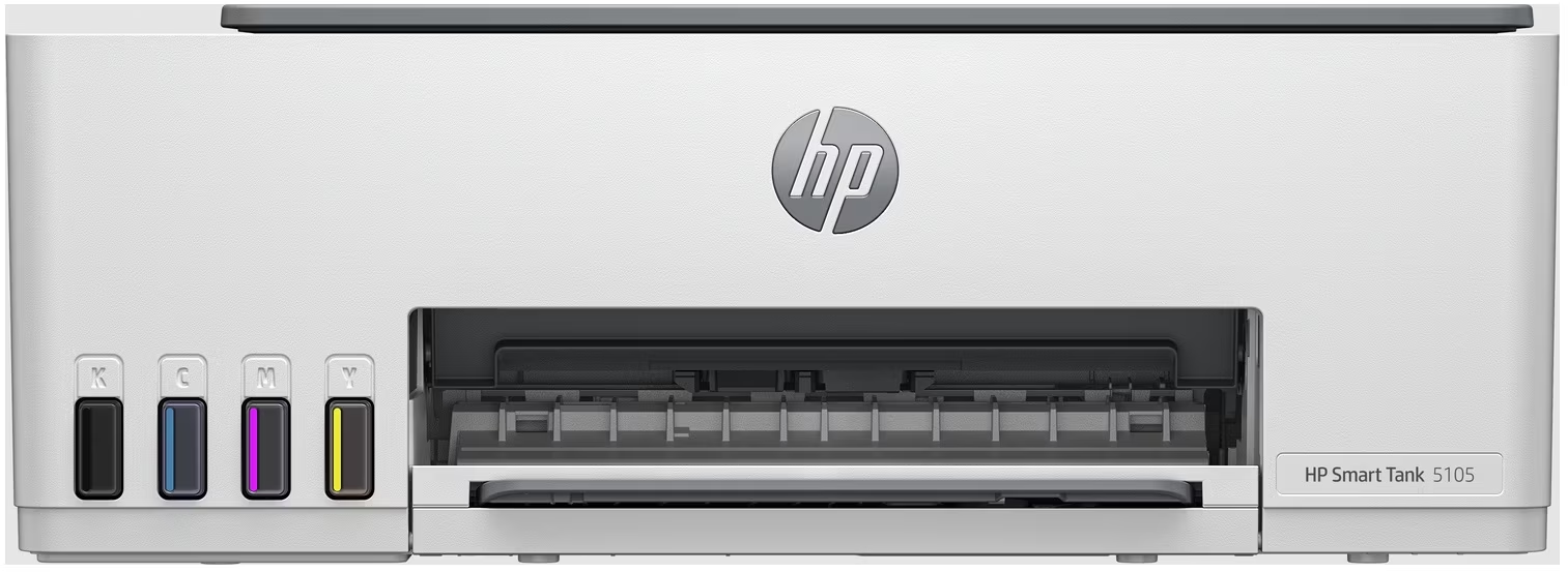 Una stampante bianca HP Smart Tank 5105 con porte per inchiostro e vassoio.