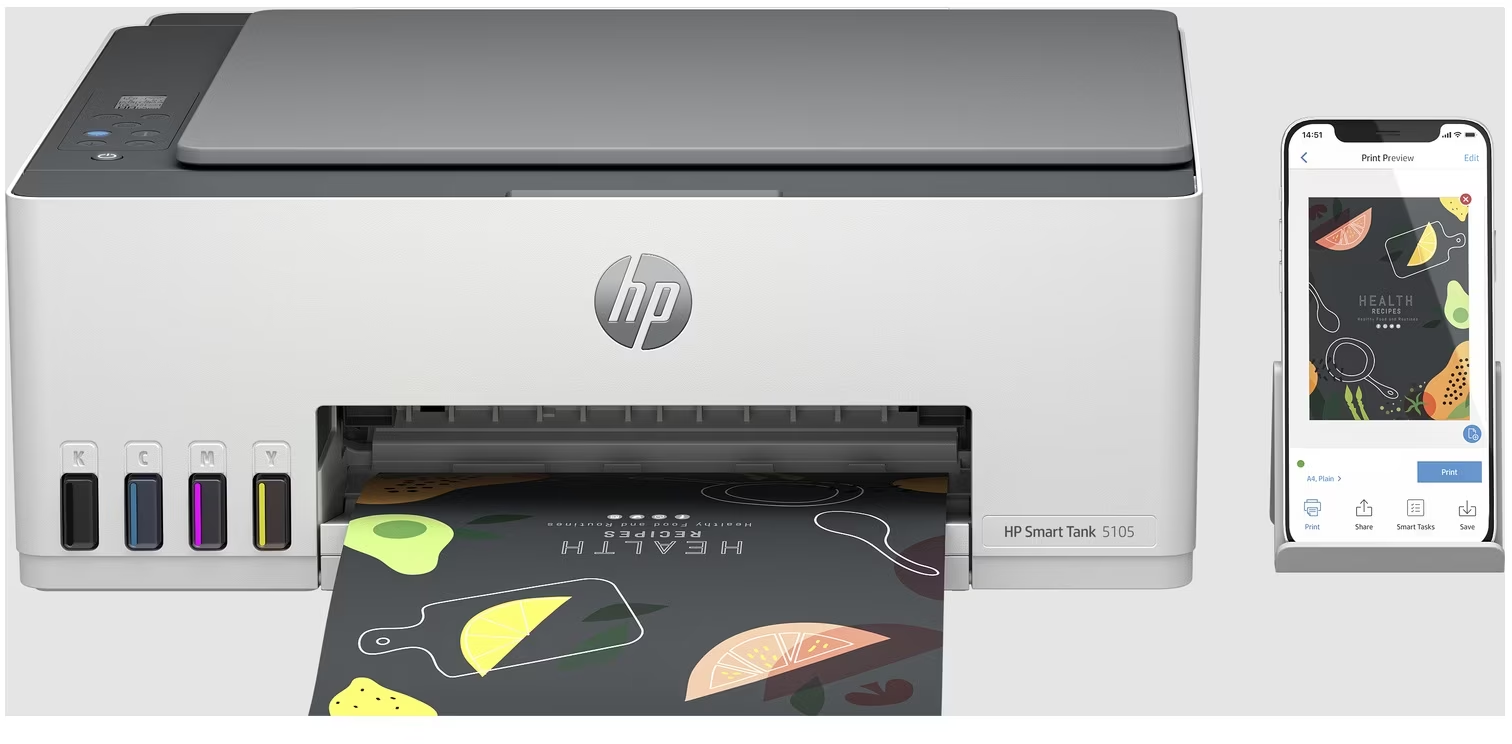 Una stampante HP Smart Tank 510S stampa una pagina colorata. Un telefono mostra l'anteprima.