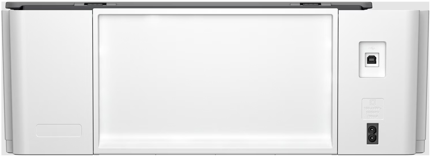 Vista posteriore di una stampante bianca, con porte di connessione e cavo di alimentazione.
