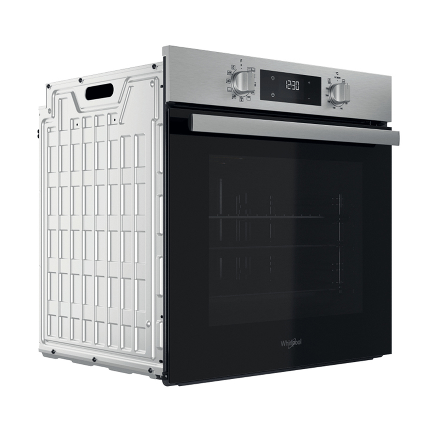 Forno Whirlpool, parzialmente smontato, mostra retro e dettagli interni.
