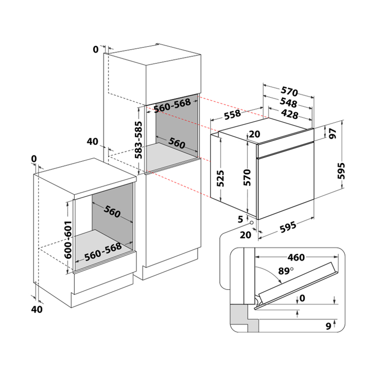 Schema del forno a incasso con dimensioni.