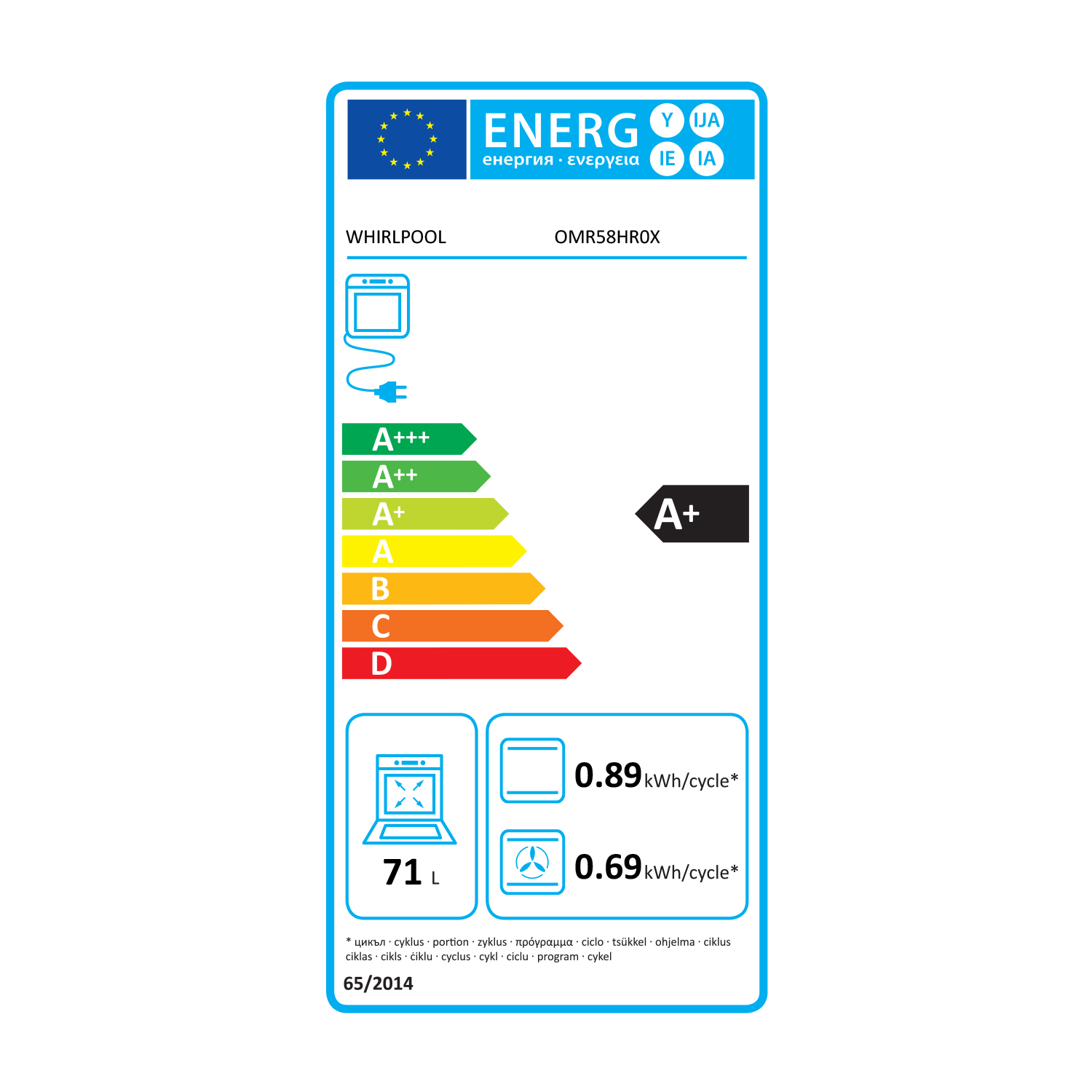 Etichetta energetica di un forno Whirlpool, con classificazioni di efficienza energetica codificate a colori.