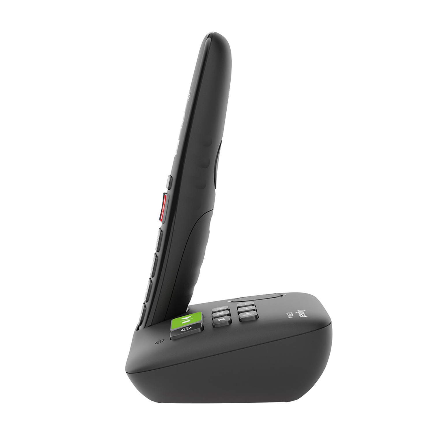 Telefono cordless nero su una base, visto di lato, con pulsanti verdi e grigi.