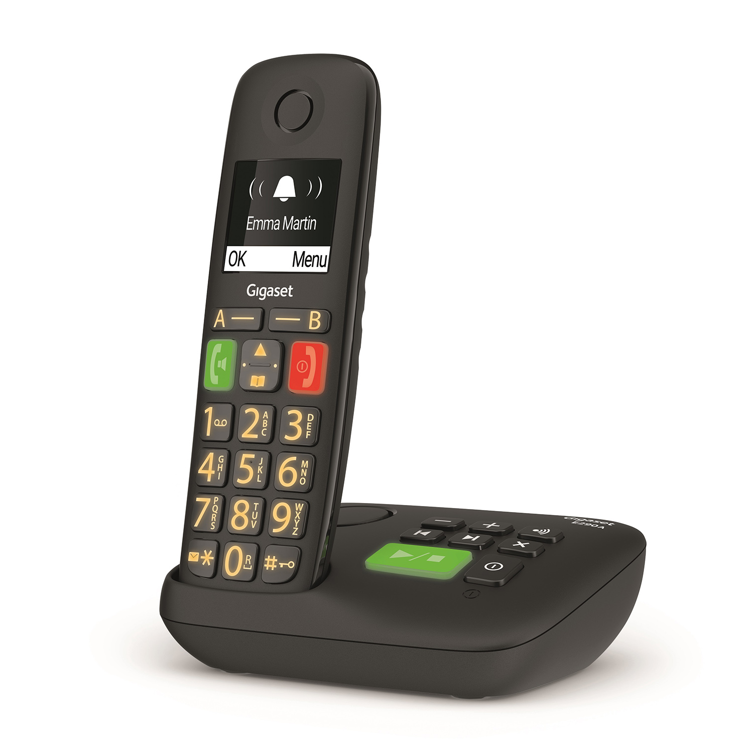 Telefono cordless Gigaset nero con tasti grandi. Il display mostra Emma Martin. Sfondo bianco.