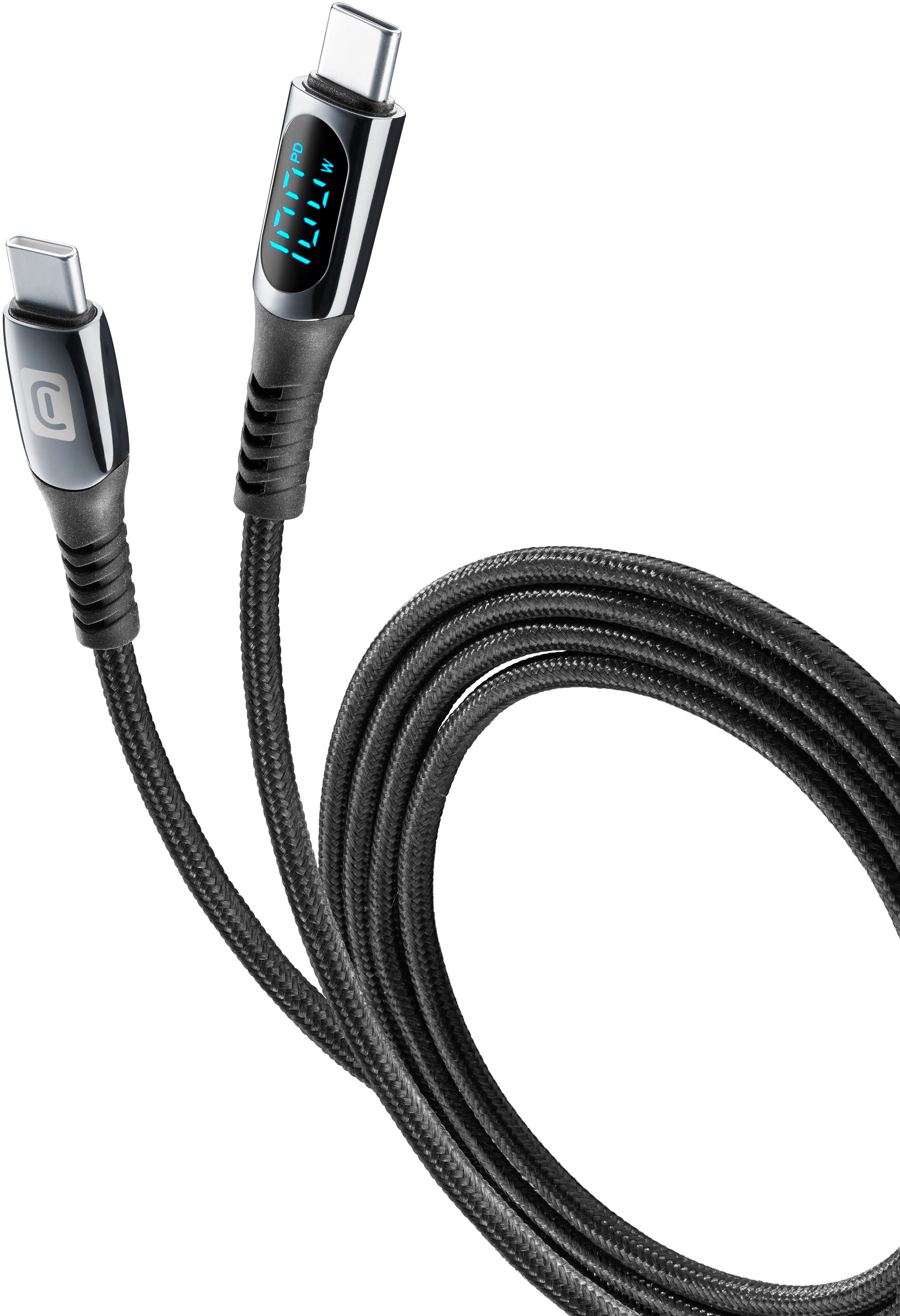 Ein schwarzes USB-C-Kabel mit digitalem Bildschirm.