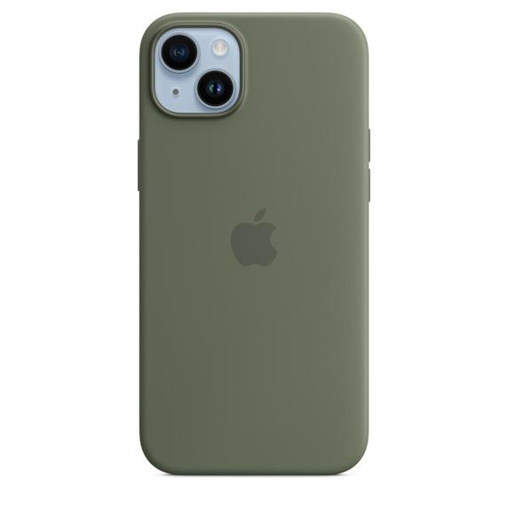 Olivgrüne iPhone-Hülle mit drei Kameralinsen und einem Apple-Logo auf der Rückseite.