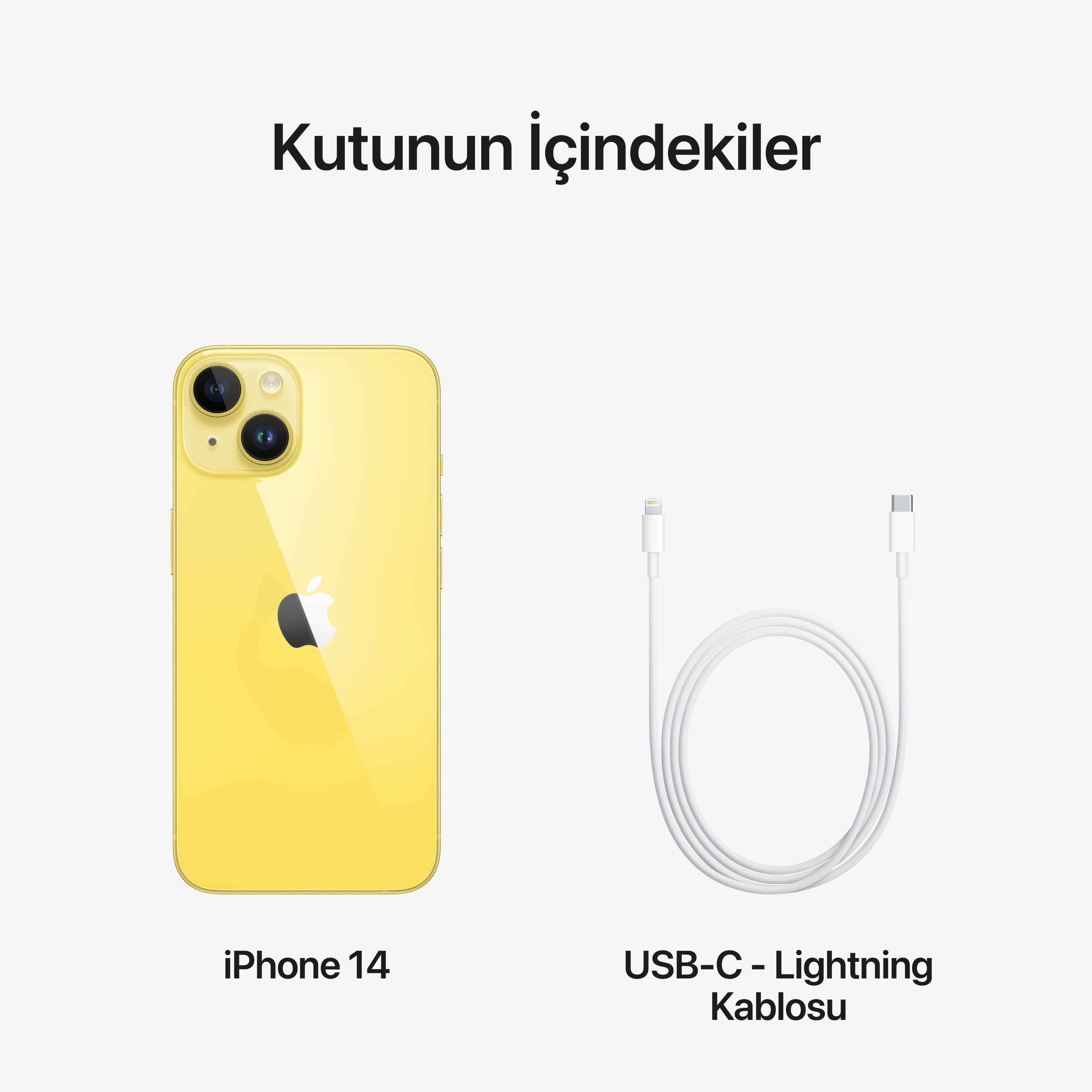 Beyaz bir arka plan üzerinde sarı bir iPhone 14 ve bir USB-C - Lightning kablosu.