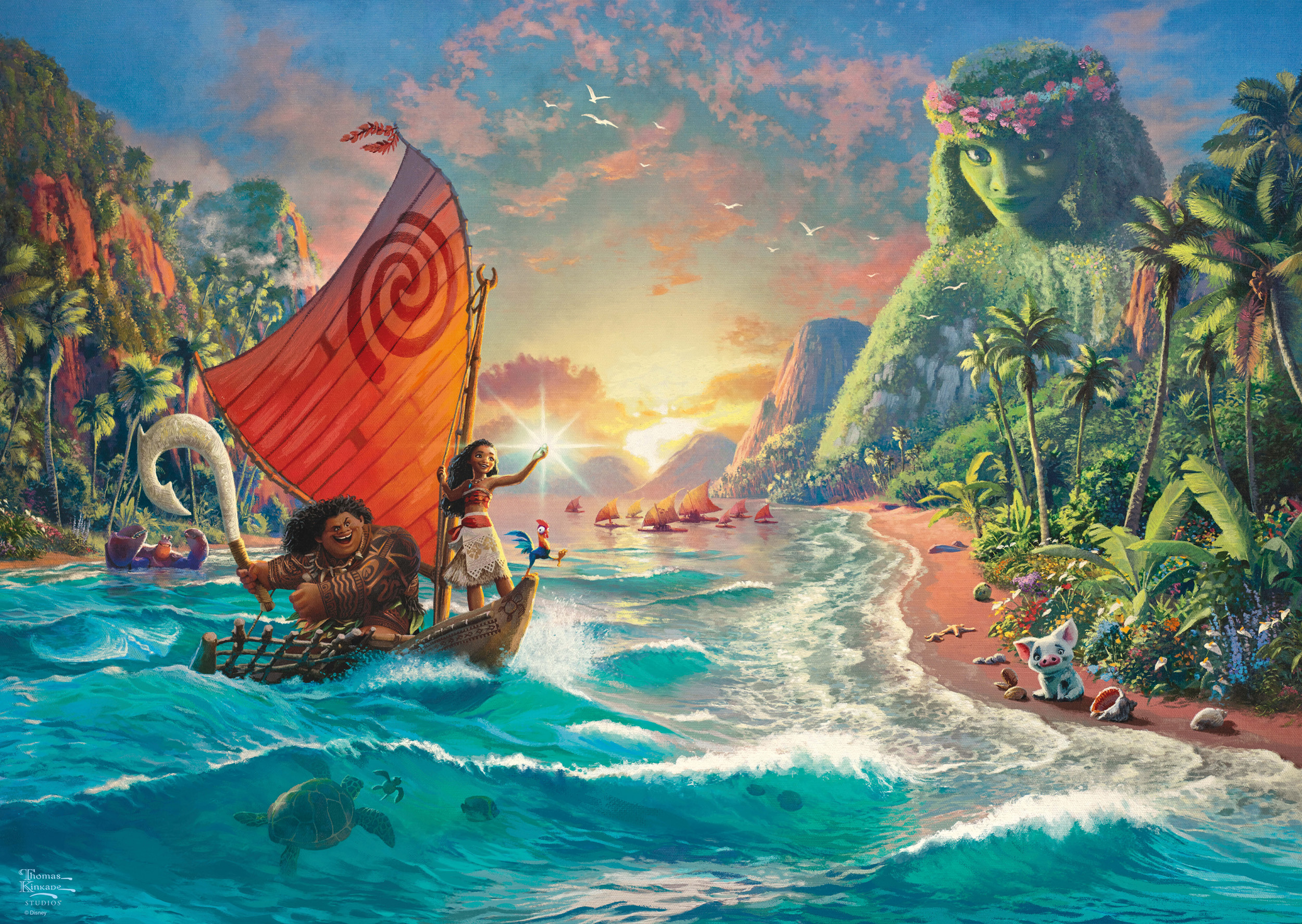 Moana und Maui segeln auf einem Boot mit rotem Segel. Berge und Insel im Hintergrund.