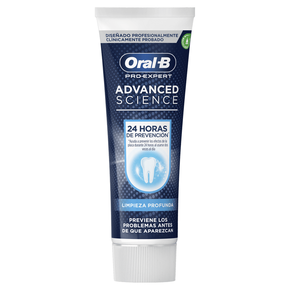 Tubo de pasta dental Oral-B Pro-Expert, con texto en español. Diseño azul y blanco.