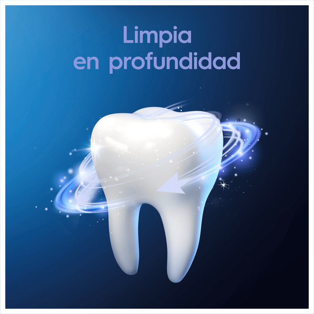 Un diente, rodeado por un efecto de limpieza azul y arremolinado, con texto arriba.