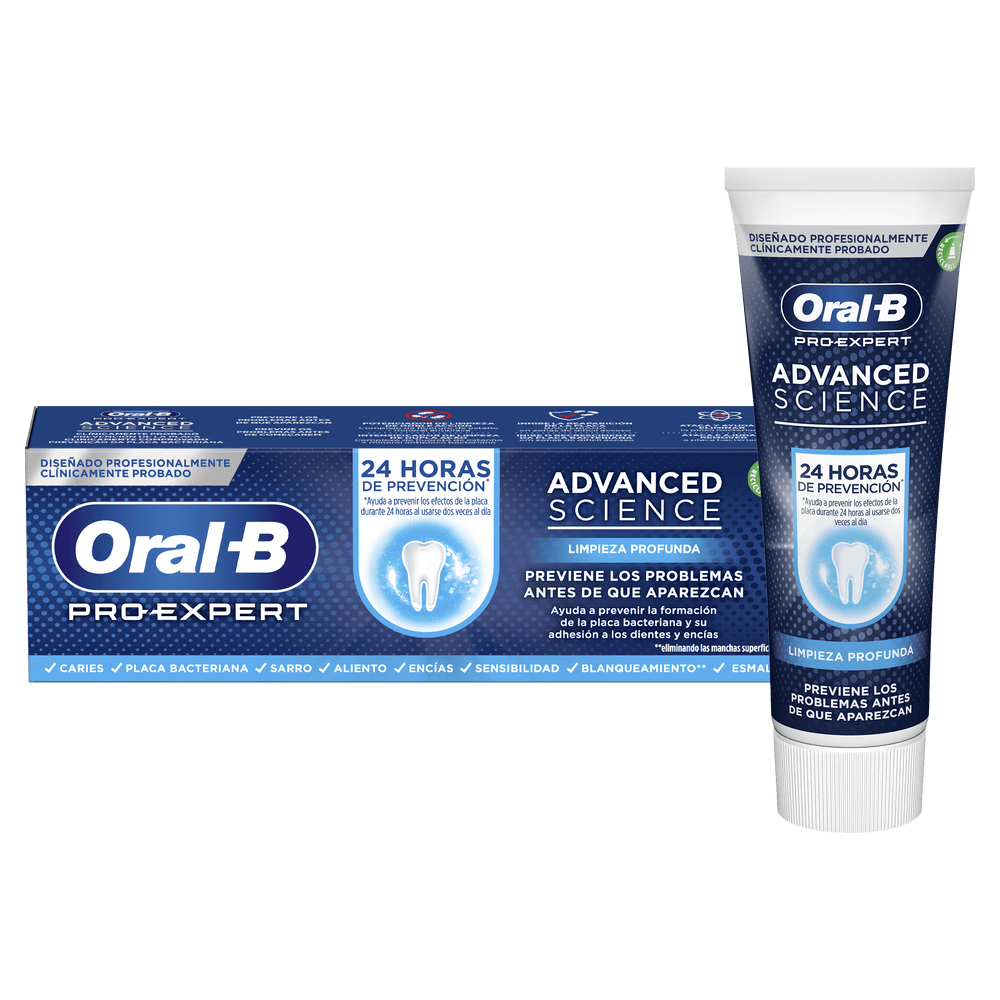 Caja y tubo de pasta dental con texto y logotipos de Oral-B Pro-Expert Advanced Science.
