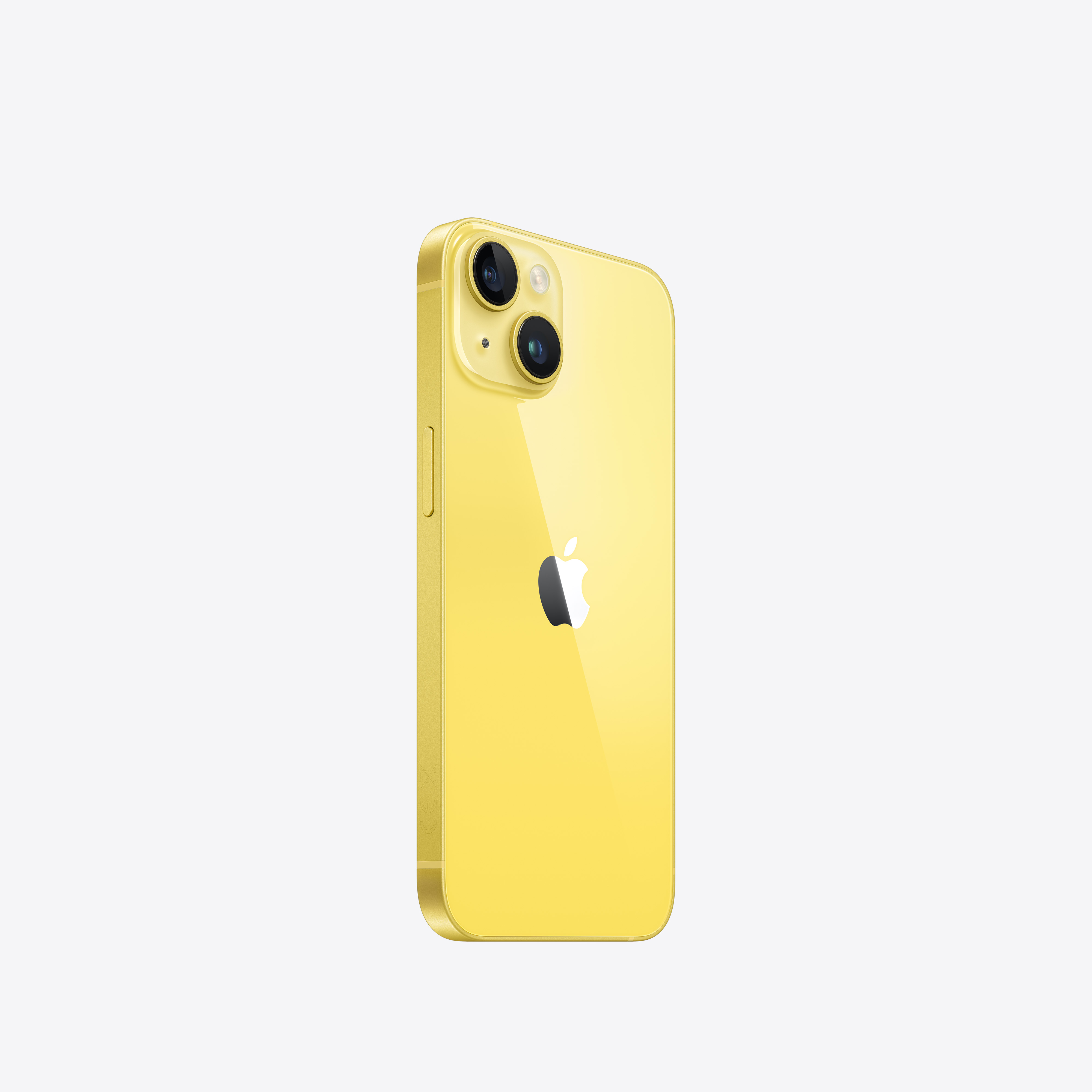 Sarı iPhone 14, arka görünüm, Apple logosu ile.
