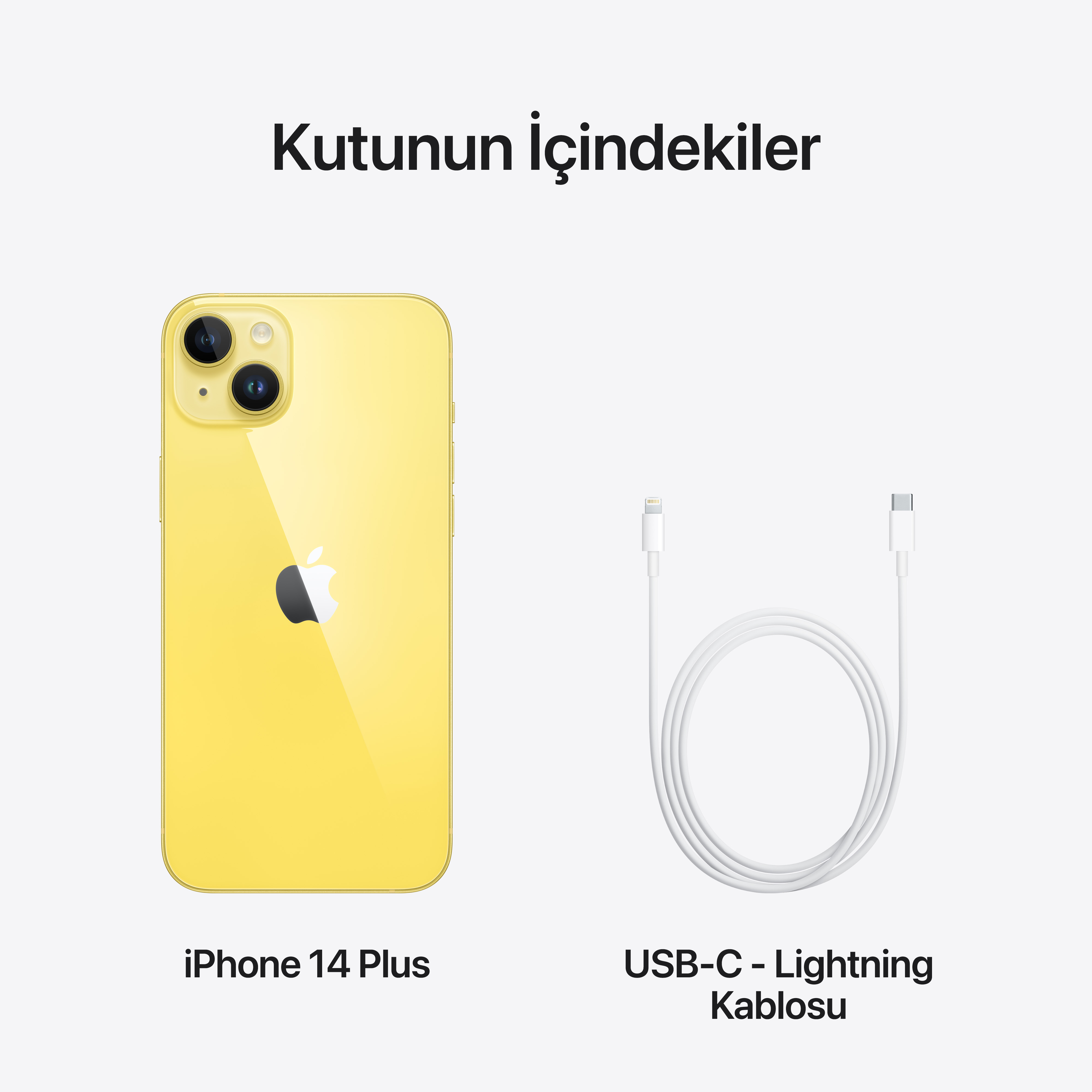 Sarı arka yüzü olan iPhone 14 Plus ve USB-C - Lightning kablosu.