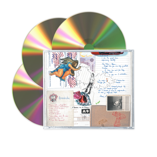 CD-Hülle mit CDs und Kunstwerken. Kunstwerke umfassen Zeichnungen und Notizen.