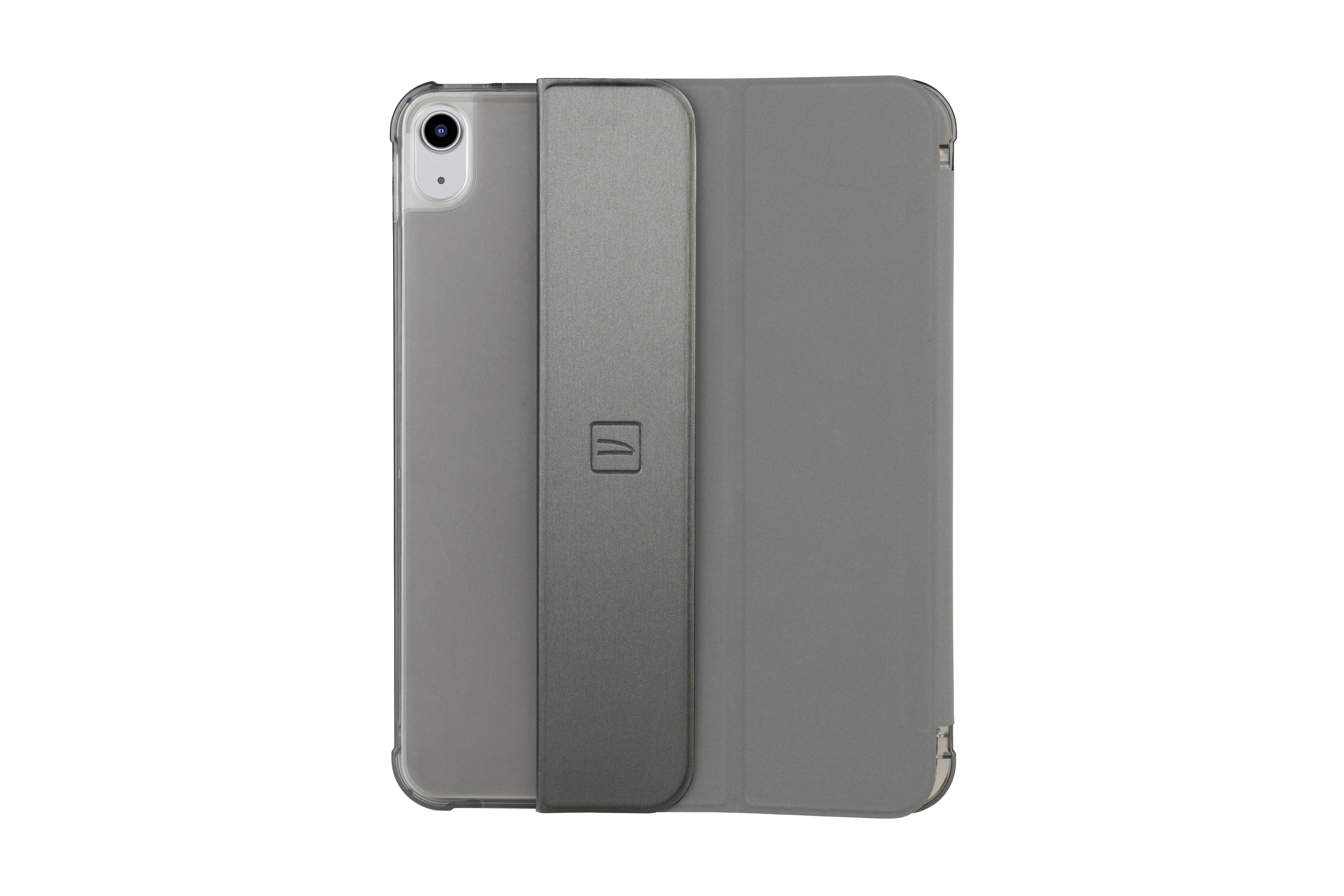 Graue iPad-Hülle mit einem Cover. Die Hülle ist geöffnet und zeigt die Rückseite des iPads.
