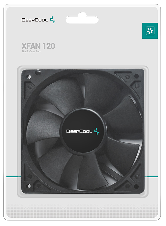 DeepCool XFAN 120 fekete házventilátor. Fekete ventilátor DeepCool logóval fehér kártyán.