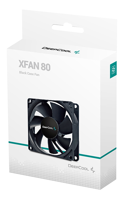 Egy fehér doboz, 'XFAN 80 Black Case Fan' felirattal, benne egy fekete ventilátorral.