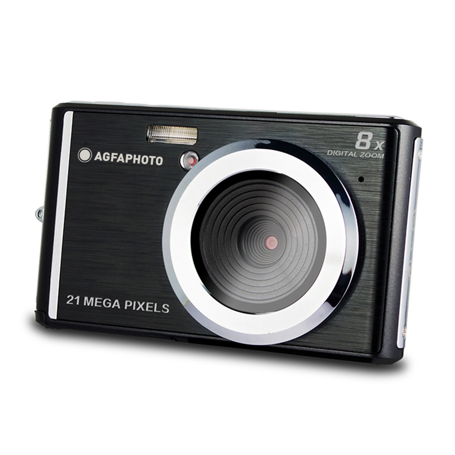 Una fotocamera nera con finiture argentate, un grande obiettivo e il testo '21 MEGA PIXELS'.