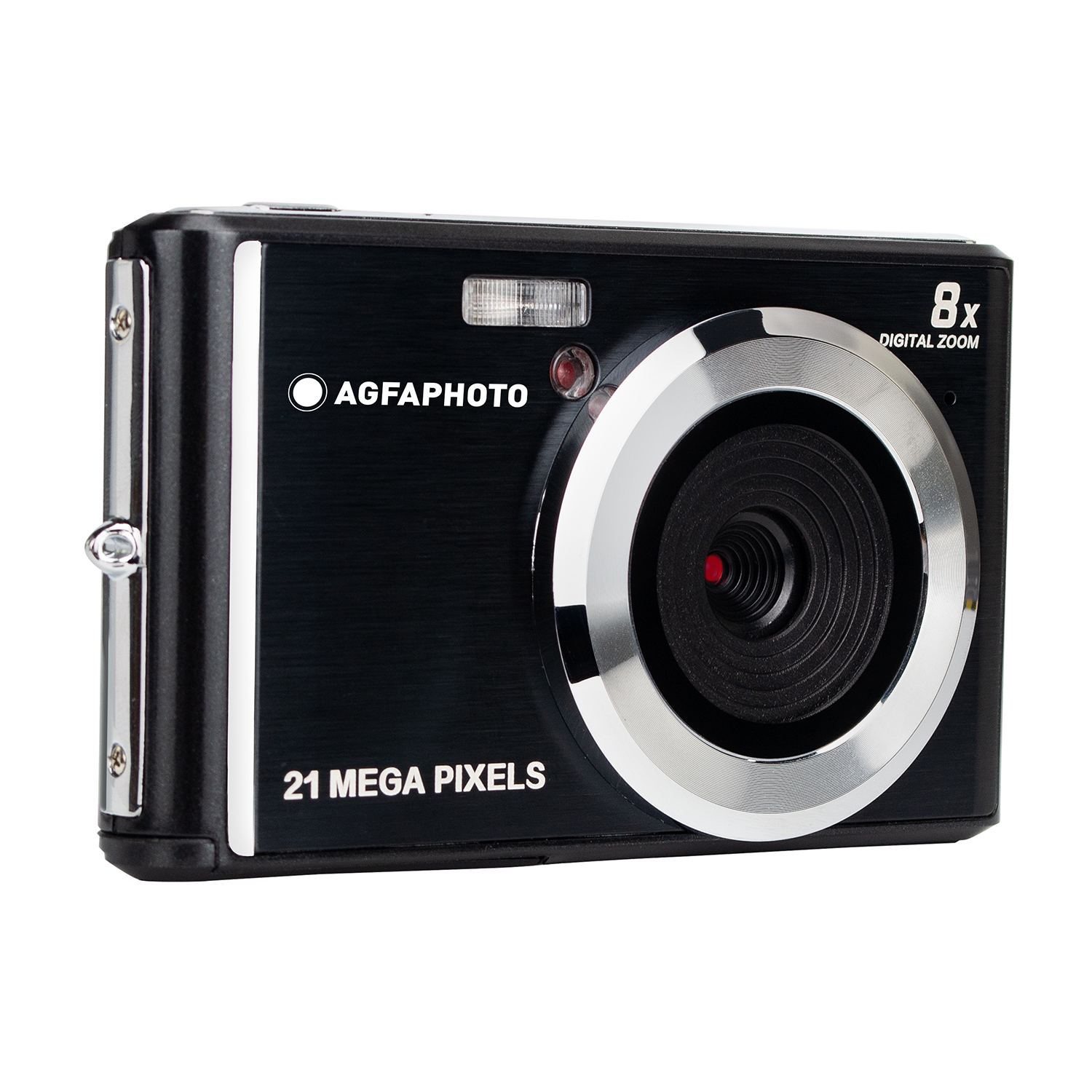 Una fotocamera Agfaphoto nera con dettagli argentati. Sfondo bianco.