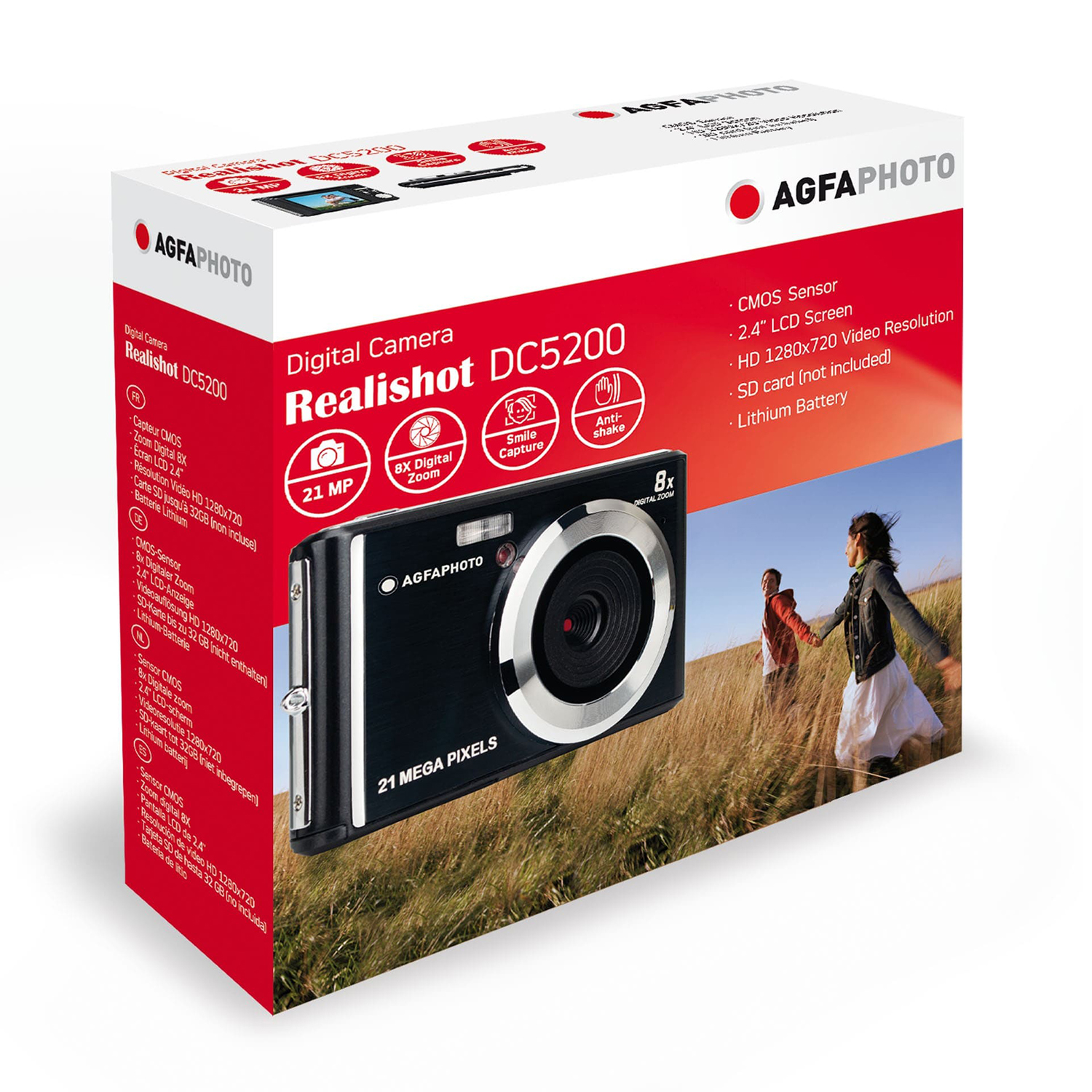 Scatola di una fotocamera digitale etichettata AgfaPhoto, con una fotocamera e una scena paesaggistica.