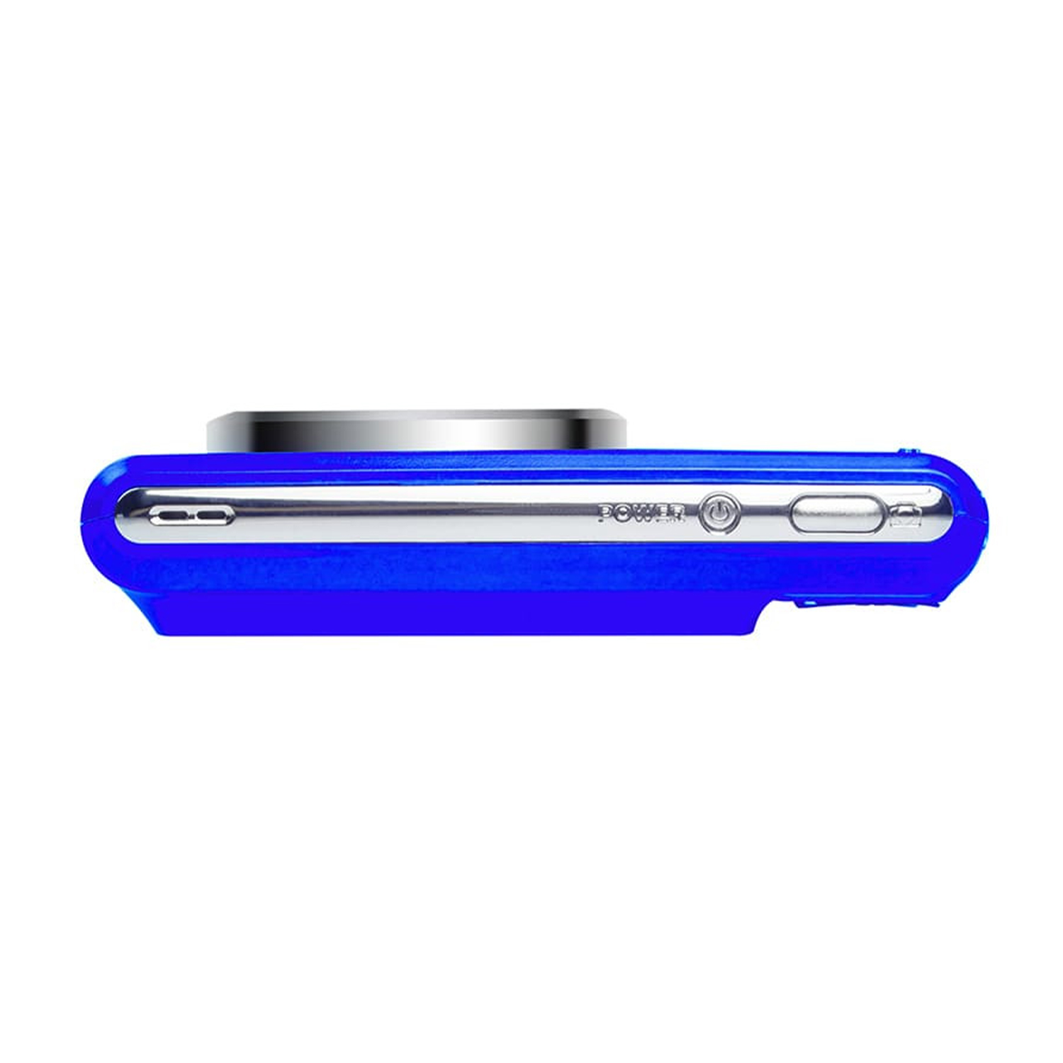 Fotocamera blu di lato, con pulsante di accensione e finiture metalliche argentate.