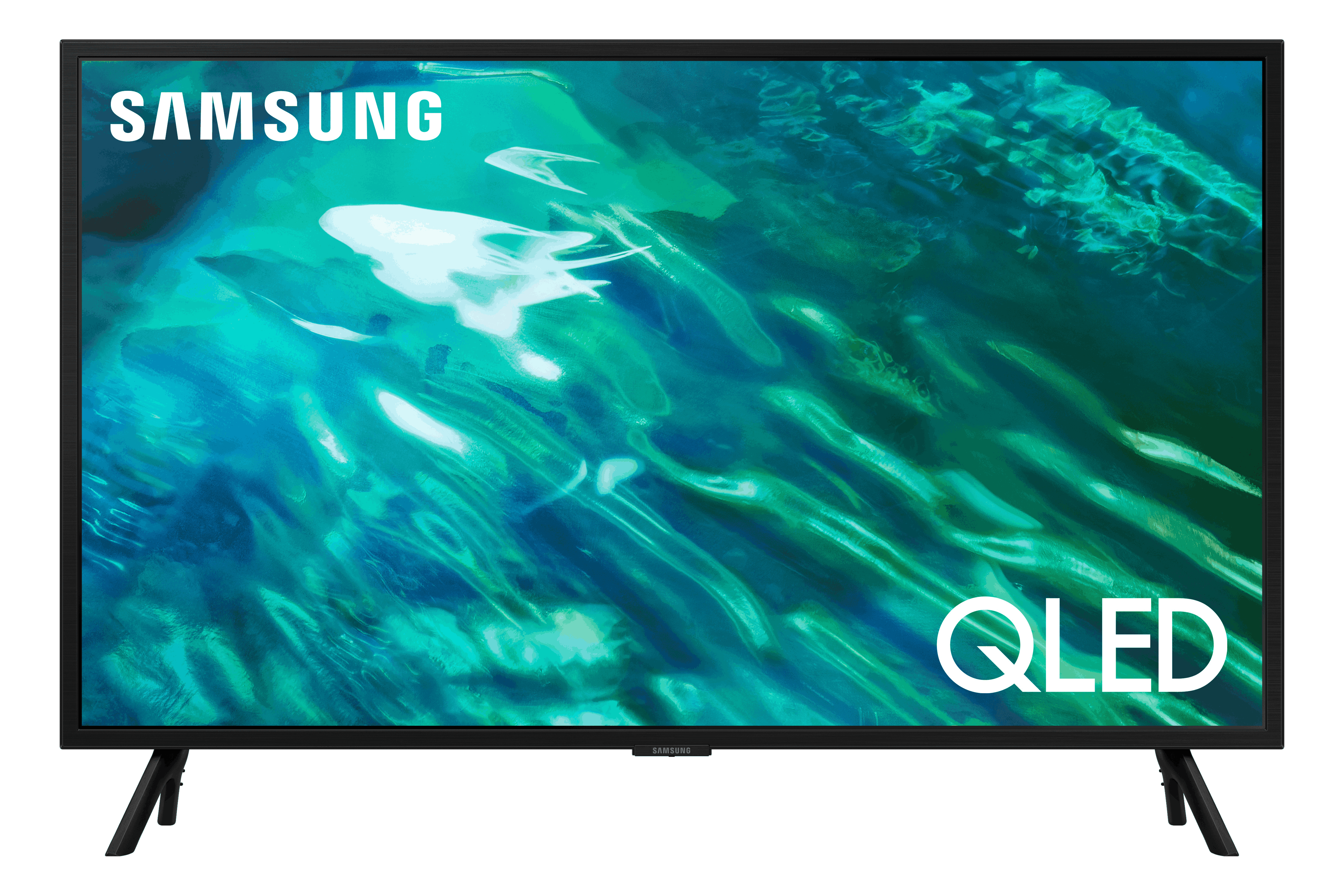 TV Samsung QLED. Marco negro, patas negras, pantalla con patrón ondulado verde y blanco.