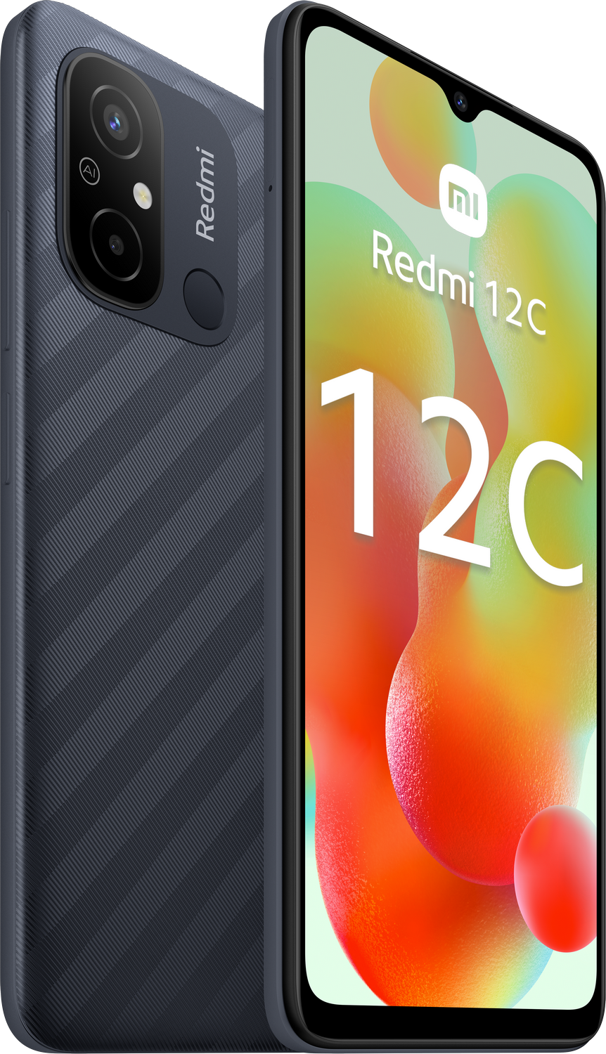 Un teléfono azul con una protuberancia de la cámara y texto 12C rojo en la parte trasera.