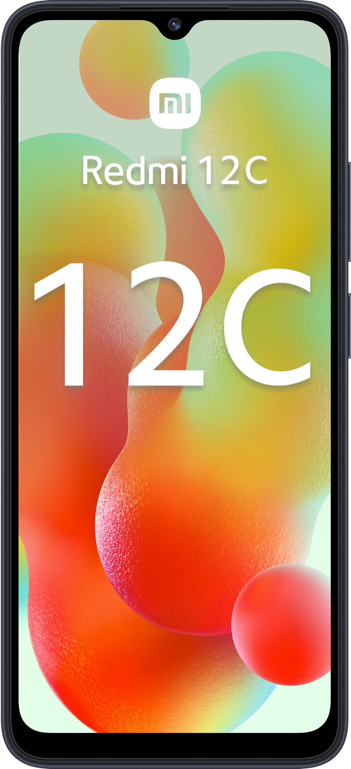 Smartphone Redmi 12C, con un fondo colorido y el número 12. Fondo blanco.