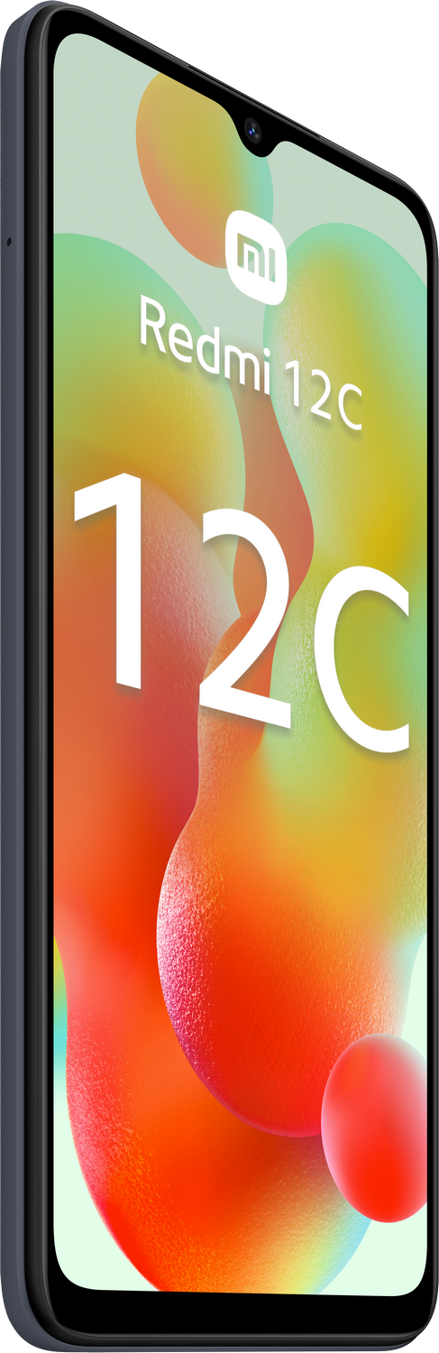 Primer plano de un teléfono con pantalla colorida y texto Redmi 12C.