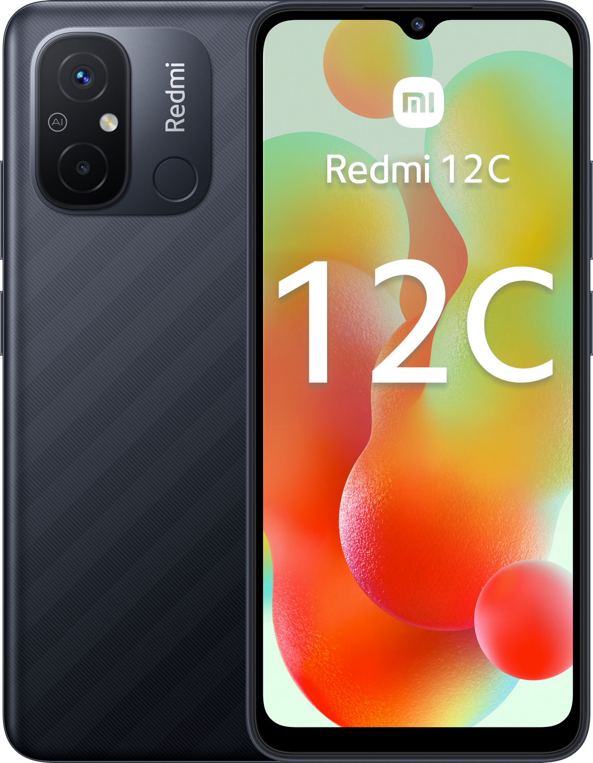 Teléfono Redmi 12C negro sobre un fondo colorido. Pantalla encendida.