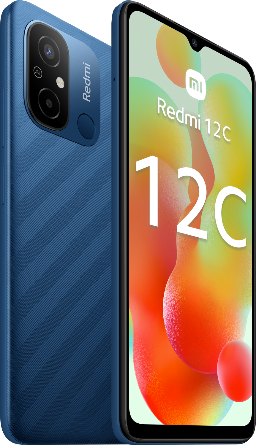 Un teléfono Redmi 12C azul se muestra desde la parte trasera y lateral, con la pantalla mostrando Redmi 12C.