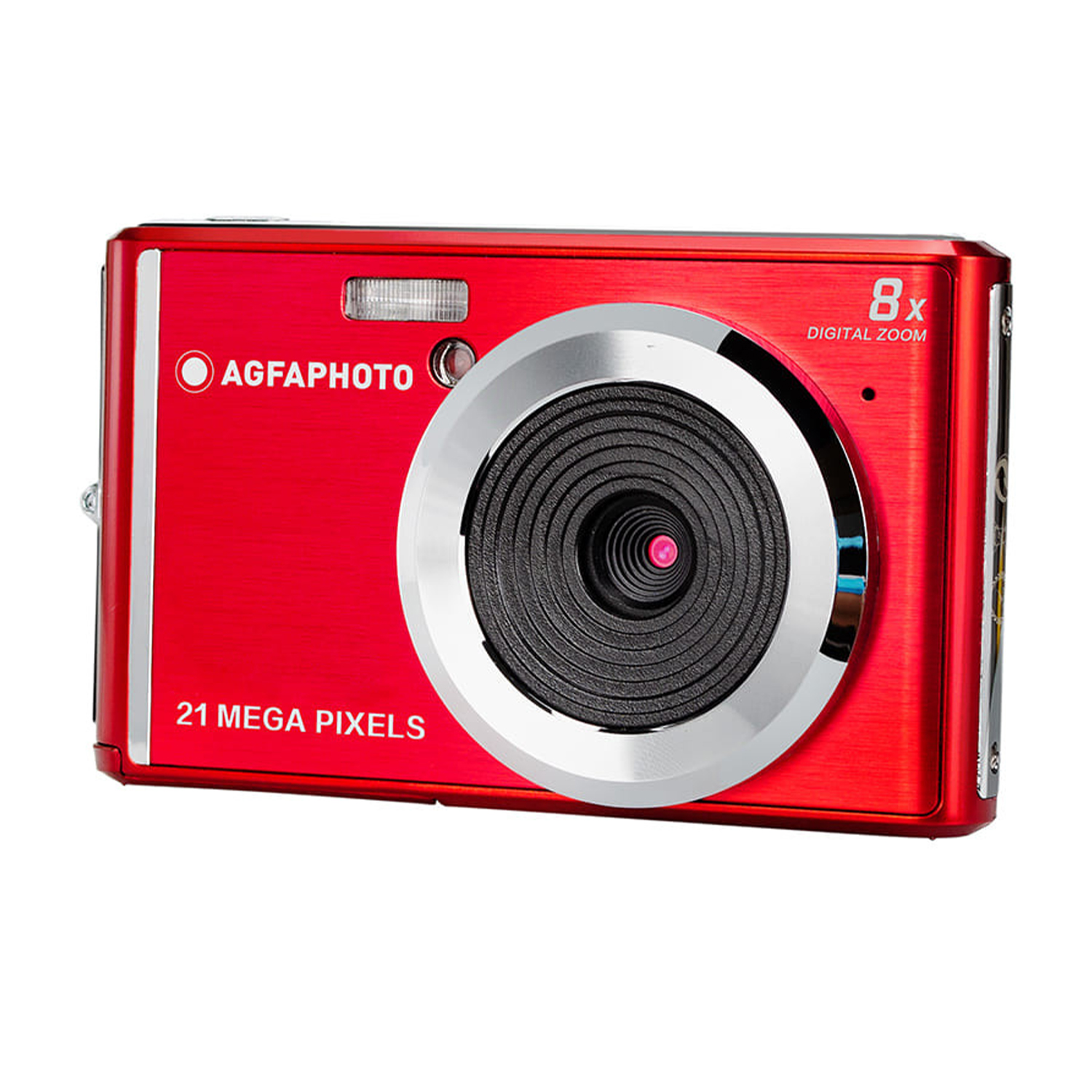Fotocamera digitale Agfaphoto rossa. Ha flash, 21 megapixel e zoom digitale 8x.