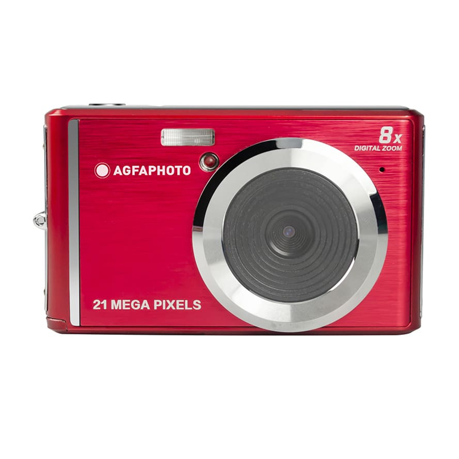 Fotocamera digitale AgfaPhoto rossa con dettagli argentati e la scritta '21 MEGA PIXELS'.