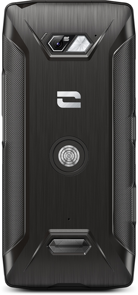 L'arrière d'un smartphone noir robuste avec une caméra, un logo et un design texturé.