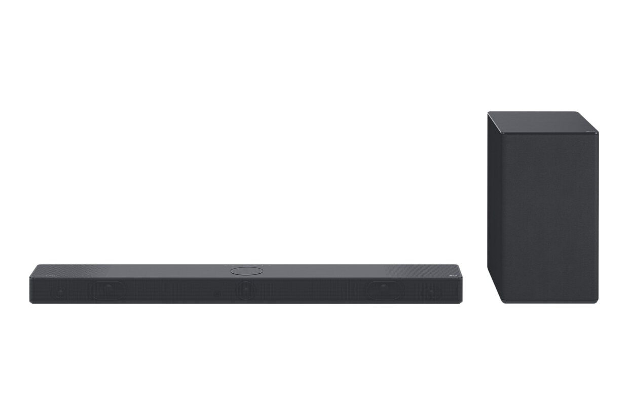LG Soundbar und Subwoofer auf Schwarz. Soundbar ist lang, schwarz. Subwoofer ist ein schwarzer Würfel.