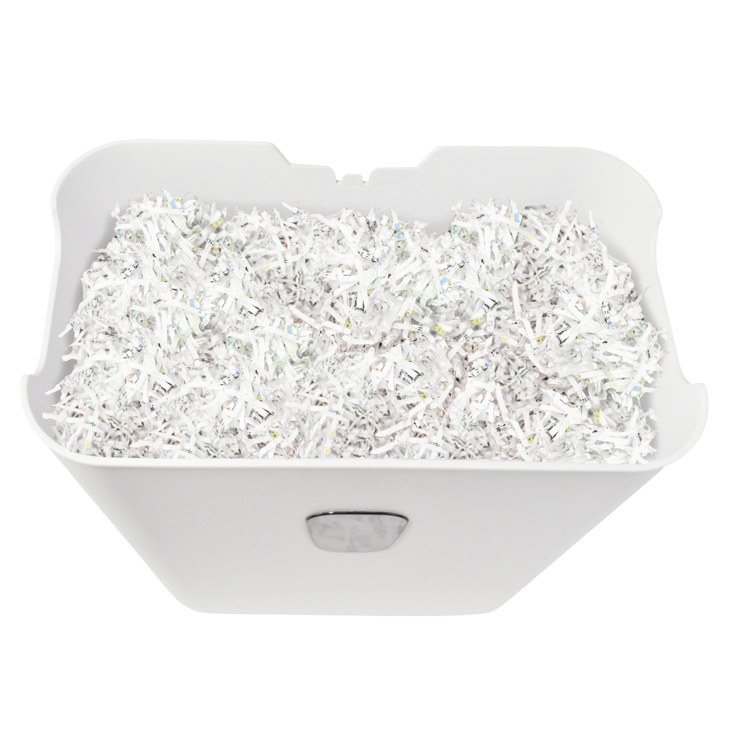 White paper shredder bin filled with shredded paper scraps, on a black background.