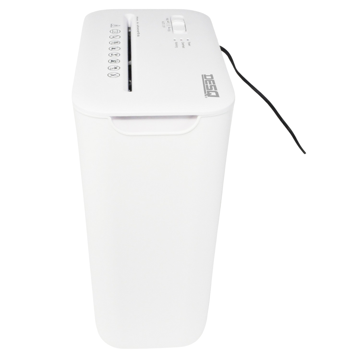 White paper shredder with a handle and a power cord on a white surface.