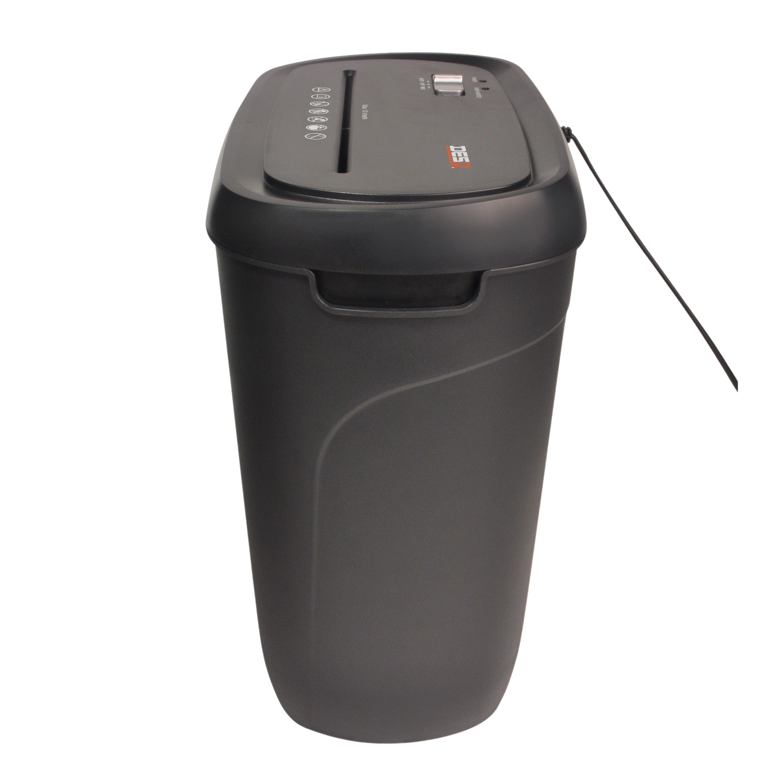 A black paper shredder on a black background, with a bin and the top open.