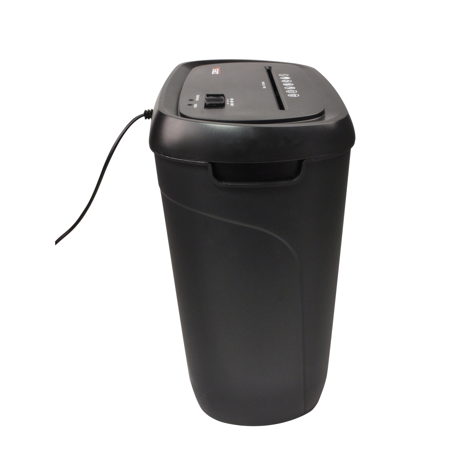 A black paper shredder on a black background. It has a power cord.