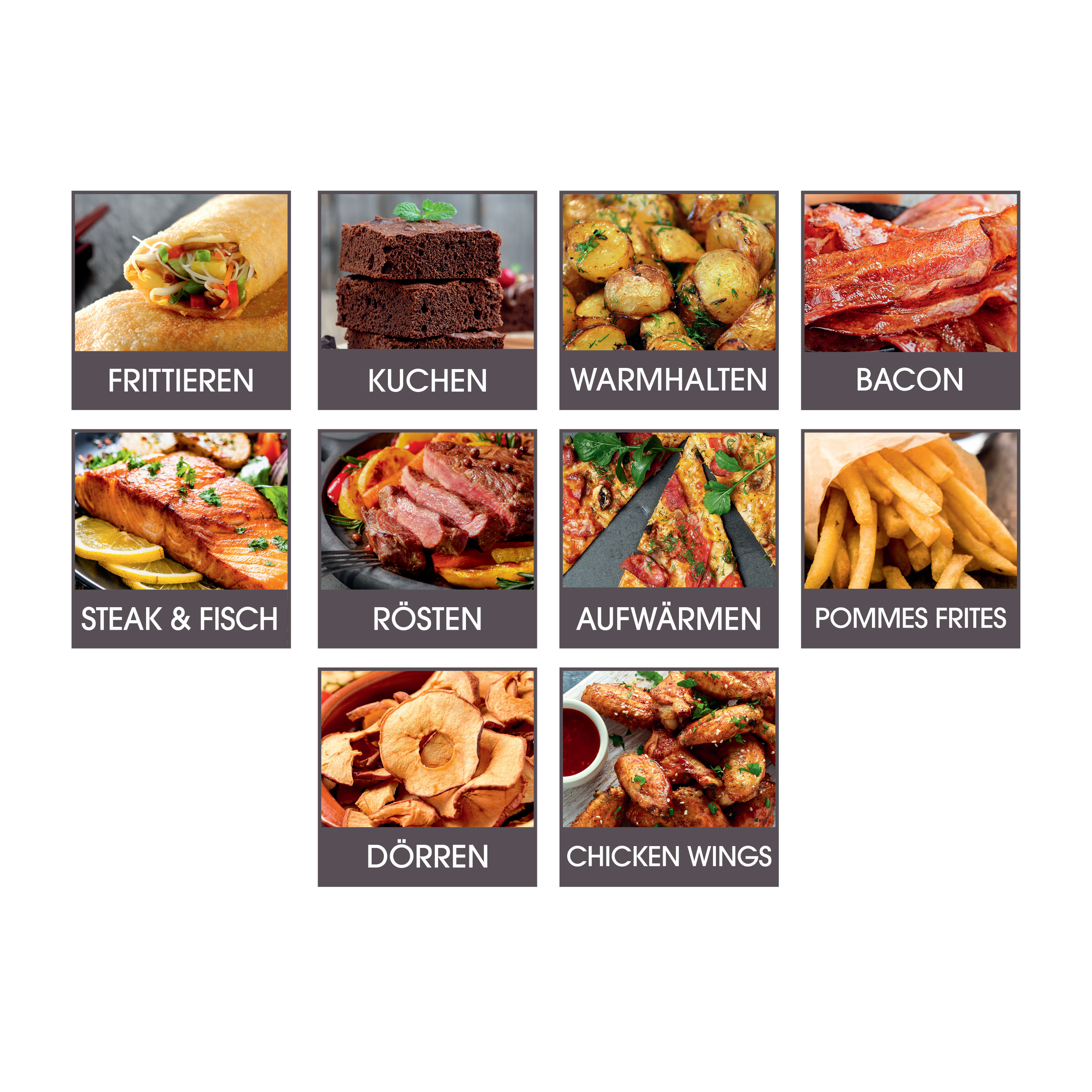 Neun Essensbilder, jedes mit einem Wort: Frittieren, Kuchen, Warmhalten, Speck, Steak usw.